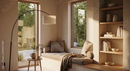 Cozy reading nook with large windows and natural light.