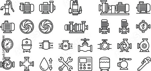 Foto Water Pump and Industrial Plumbing Line Icon Set for Engineering Valve Pipeline