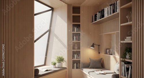 Modern minimalist home office with large geometric window and built in bookshelves.