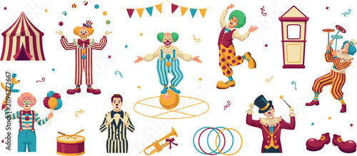 Photos Vintage circus clowns bundle with juggler balancing mime ringmaster tent musical