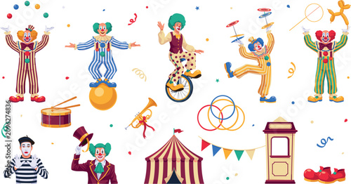 Cuadro en lienzo Circus performers and clown entertainment collection featuring juggling unicycle