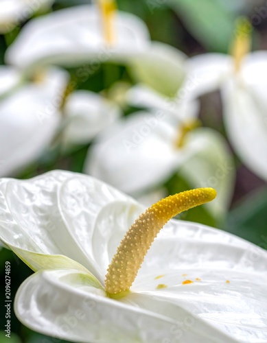 A close-up photo of a white anthurium flower with a yellow spadix