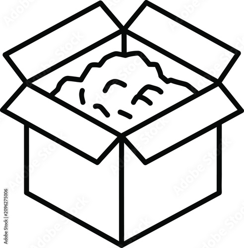 Isometric Cardboard Box With Crumpled Paper Void Fill Outline Icon for Shipping and E Commerce Packaging Concepts