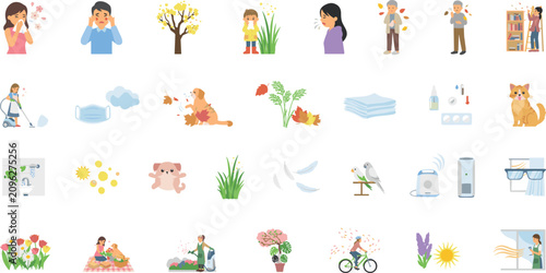 Canvas Print Common allergy causes and patient symptom icons bundle highlighting seasonal pol
