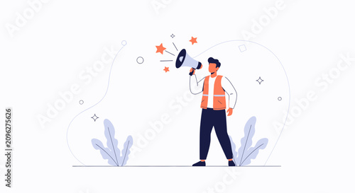 Man in Vest Shouting Through Megaphone Announcing News or Making Announcement