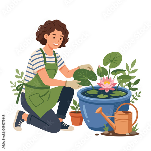 Canvastavla A smiling woman wearing a green apron is gardening, carefully tending to a pink water lily blooming in a large blue ceramic pot outdoors