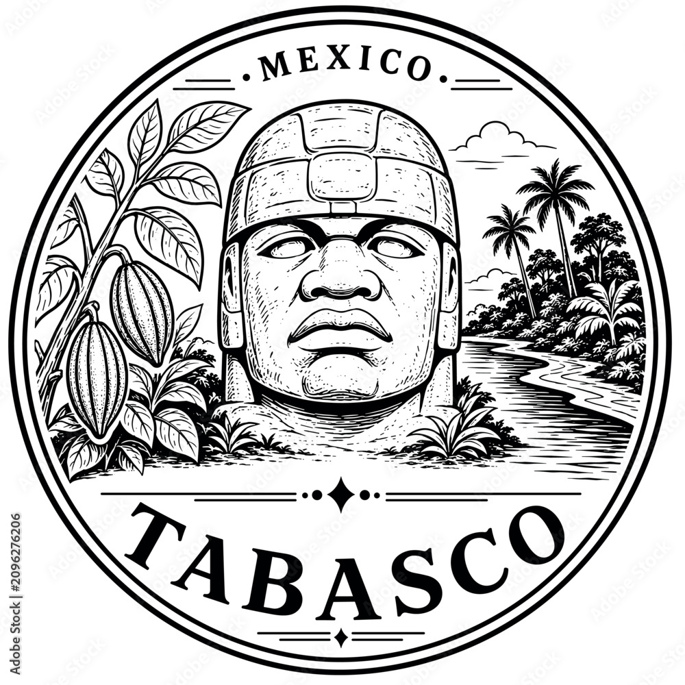 Obraz premium Olmec head and cocoa pods in Tabasco, Mexico emblem, vintage ill