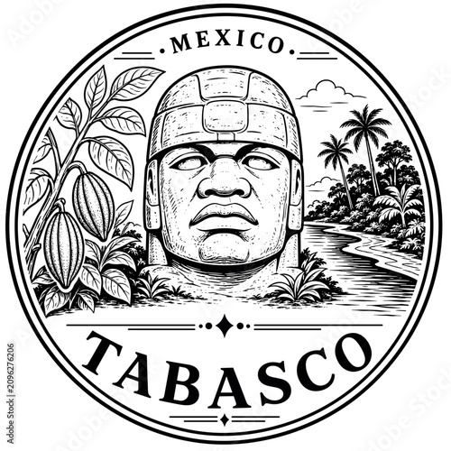 Olmec head and cocoa pods in Tabasco, Mexico emblem, vintage ill