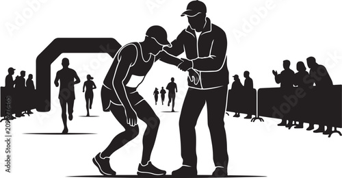 Billede på lærred Man helping exhausted runner near marathon finish line silhouette vector illustration of sportsmanship and support