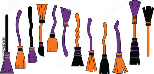 Tableau sur toile Halloween Witch Broom Vector Collection with Cartoon Flying Broomsticks and Magi