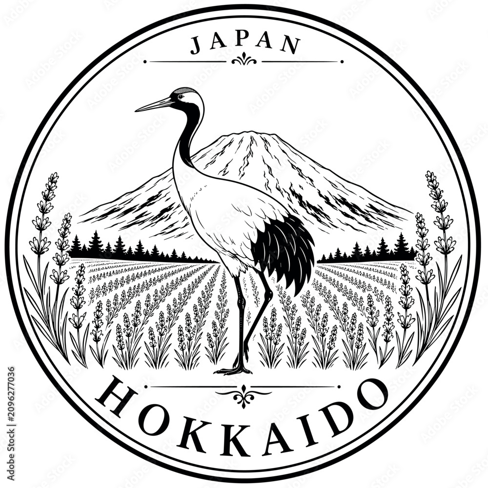 Obraz premium Japan Hokkaido Crane Mountain Lavender Field Emblem