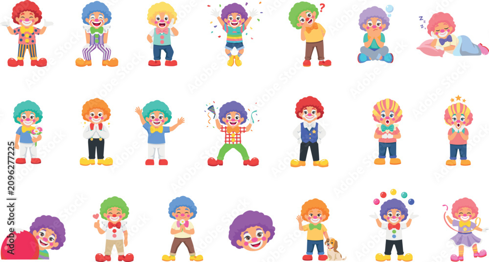 Fototapeta premium Cute colorful clown character set displaying various emotional expressions poses birthday party actions and circus entertainment vectors
