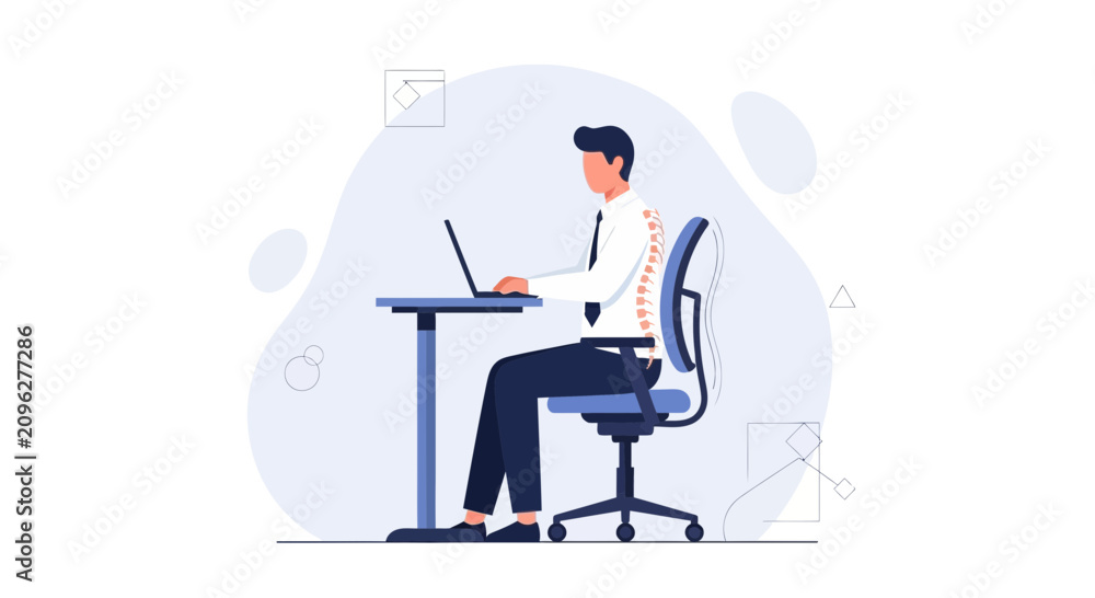 Fototapeta premium Man with poor posture using laptop at desk, highlighting spinal health and ergonomic issues in modern office work.