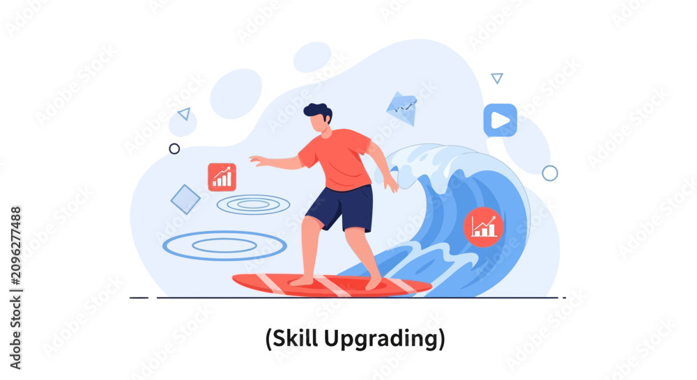 Obraz premium Surfer Riding Wave, Symbolizing Skill Upgrading and Business Growth