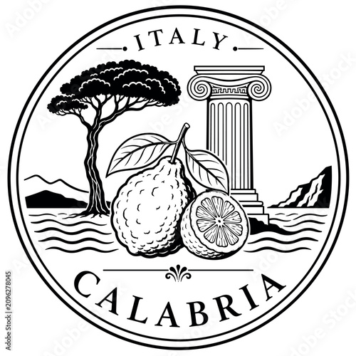 Circular emblem with bergamot fruit, ancient column, tree, and l