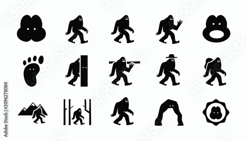 Bigfoot and outdoor adventure icons including footprints and landscapes