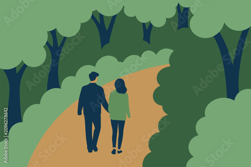 Couple holding hands walking on a winding path through a green forest flat vector illustration