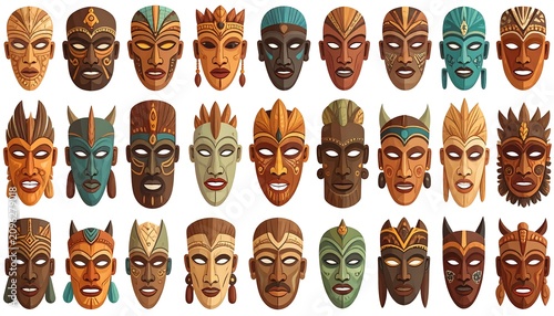A collection of 30 vibrant tribal masks with varied expressions