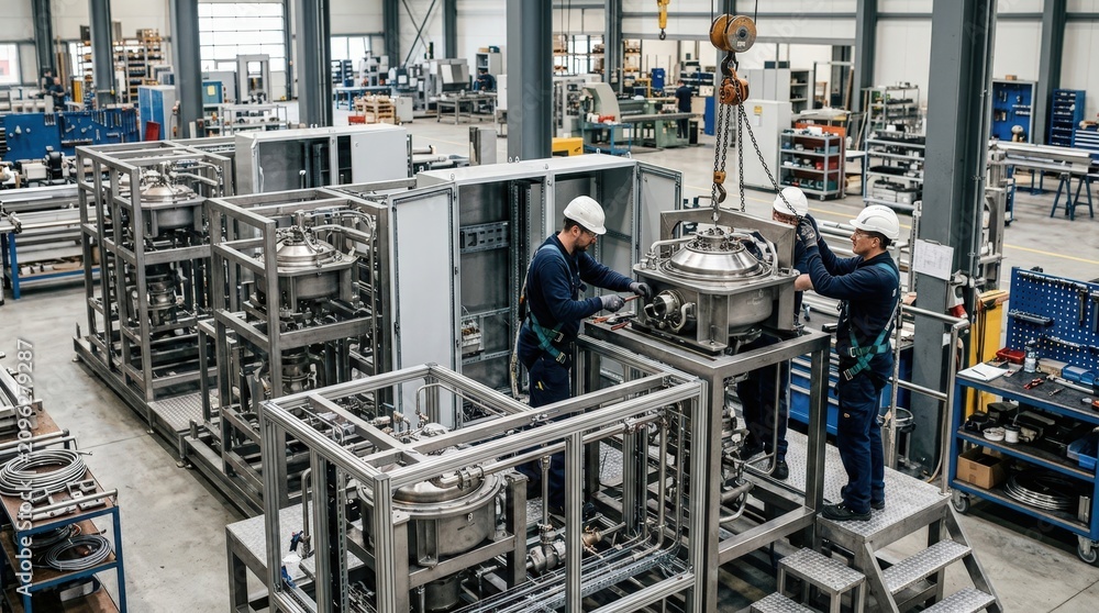 Fototapeta premium Modular centrifuge system being assembled with visible components and technicians working emphasizing adaptability and scalable design.