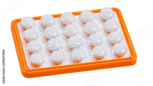 Orange pill dispenser with multiple white round tablets, isolated on transparent background
