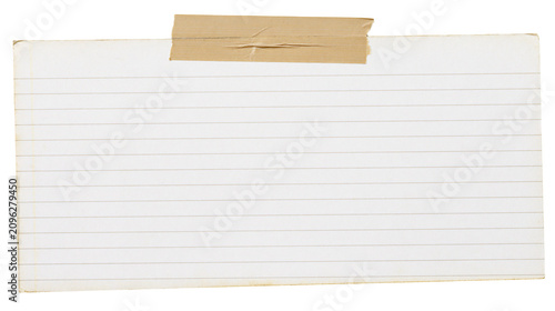 Blank lined paper note attached with brown tape, isolated on transparent background