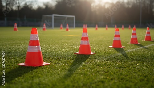 Football training cones arranged on professional grass pitch before practice with early morning sunlight