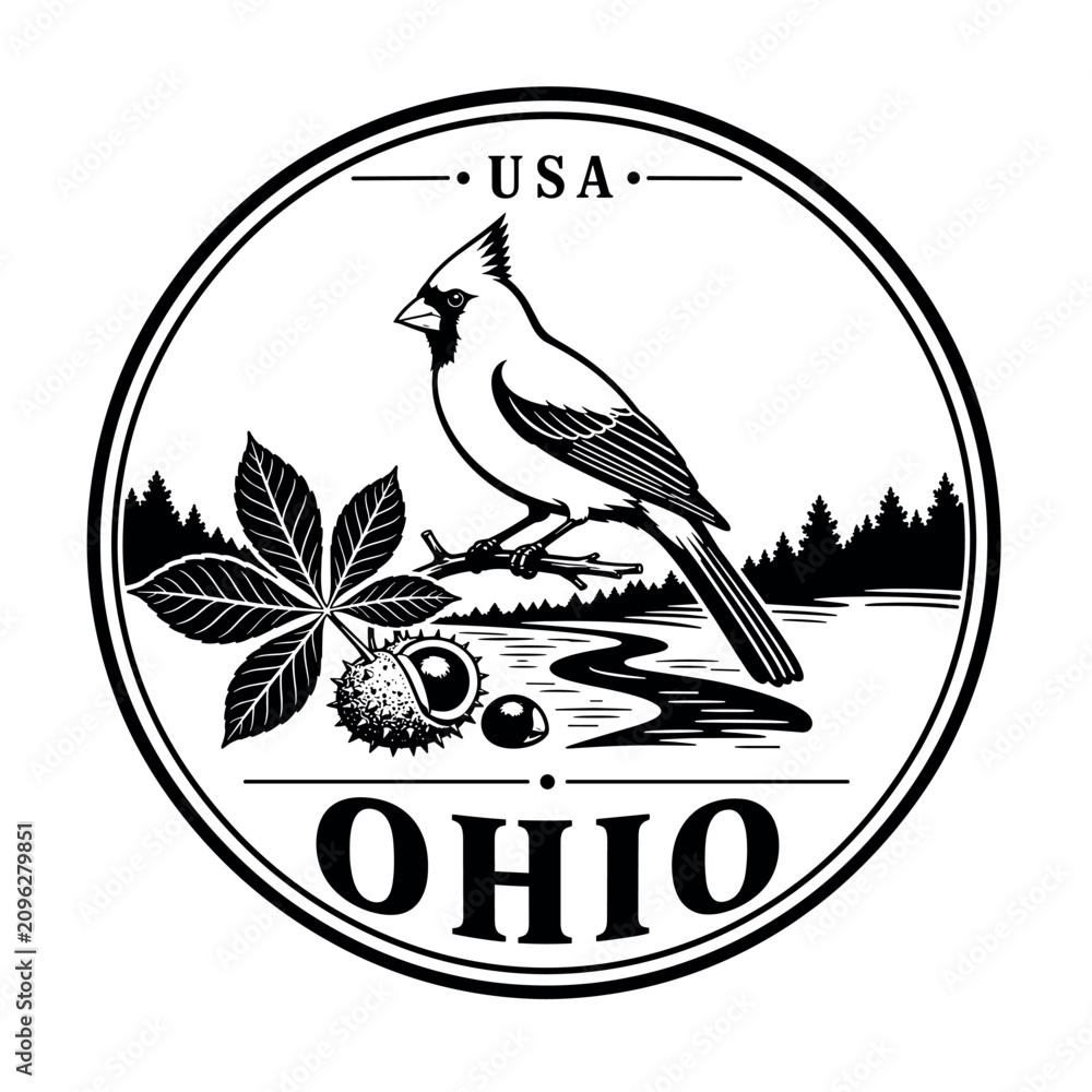 Fototapeta premium Ohio state emblem featuring a cardinal bird and buckeye nuts