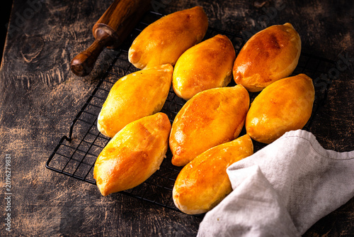 Fényképezés Traditional baked pies pirozhki with meat.