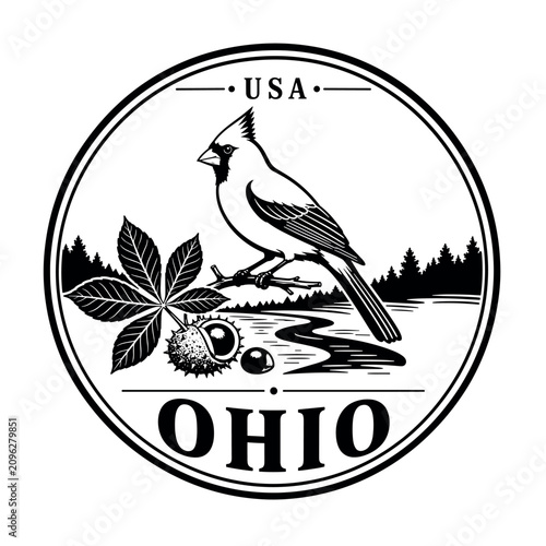 Ohio state emblem featuring a cardinal bird and buckeye nuts