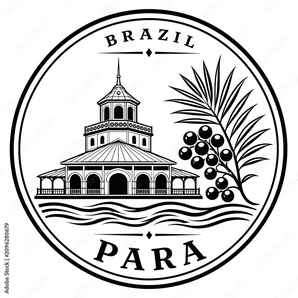 Fototapeta premium Black and white emblem with Brazil and Para state symbols, archi