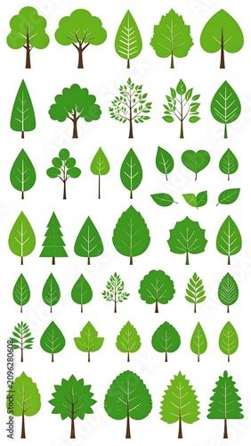 A collection of 35 green tree silhouettes with brown trunks