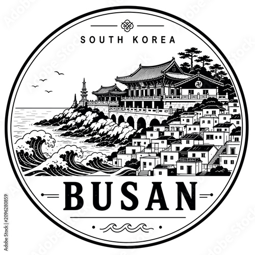 Busan, South Korea travel sticker with traditional buildings and