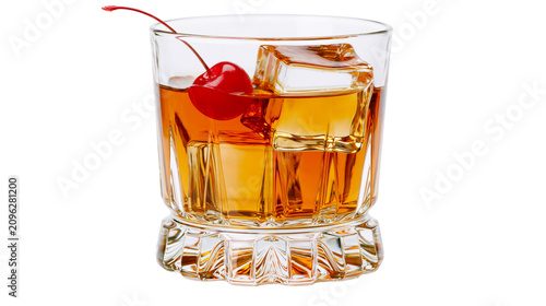 Bild auf Leinwand Amber whiskey cocktail with ice cubes and maraschino cherry, isolated on transpa