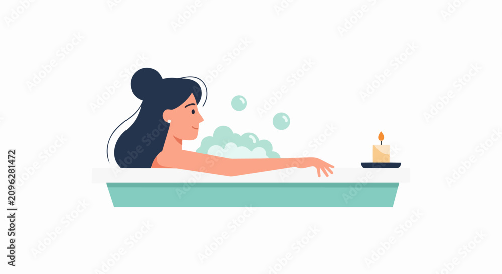 Obraz premium Vector Illustration of a Young Woman Relaxing in a Bubble Bath with a Lit Candle, Self-Care and Wellness Concept