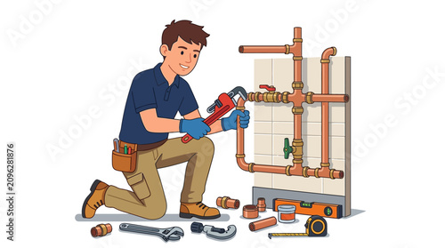 Technician installs complex water pipe infrastructure while working on a residential renovation project.