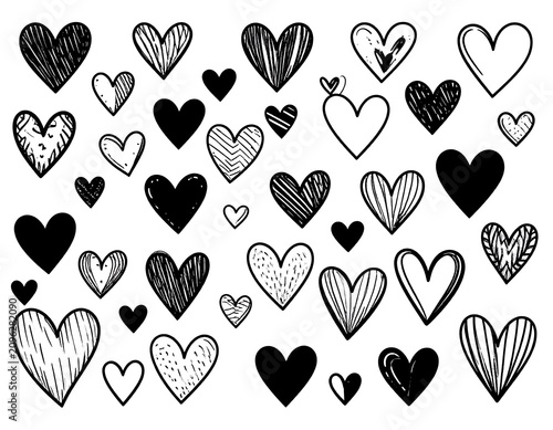 A collection of 36 hand-drawn hearts in various sizes and patterns