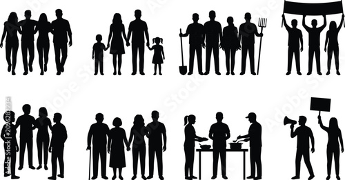 Diverse Community People Silhouette Icon Set Featuring Family Farmers Protesters Volunteers and Multi Generational Groups
