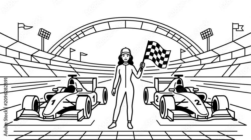 Obraz premium Race Car Driver with Checkered Flag Line Art Illustration