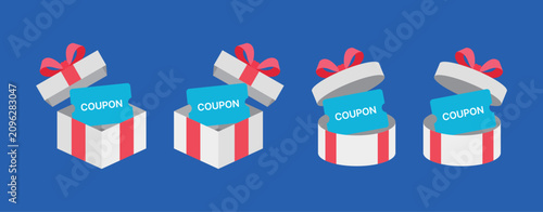 Set of four open gift boxes with coupon tickets inside isolated on a blue background. Flat vector illustration of present boxes for online shopping reward and marketing design.