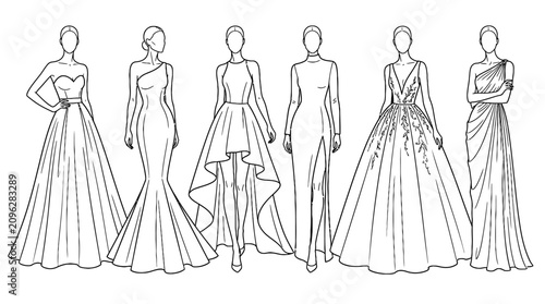Photos Fashion Illustration Evening Gown Collection Line Art Vector