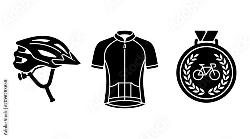 Cycling Gear Icon Set: Helmet, Jersey, and Medal Vector