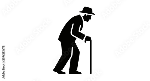 Elderly man with cane black silhouette senior
