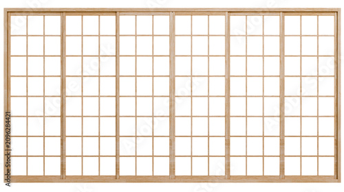 Natural wood shoji screen with grid pattern, isolated on transparent background