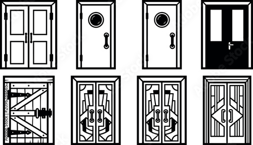 Black and white line art set of various door icons with handles and windows