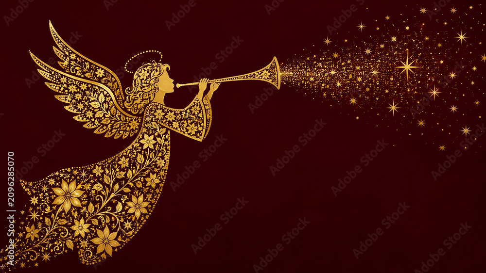 Obraz premium Golden floral angel blowing trumpet with sparkling stars background