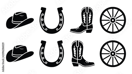 Картината върху платно Cowboy Silhouette Icons Vector with Wild West Hats, Boots, Horseshoes, Wagon Whe