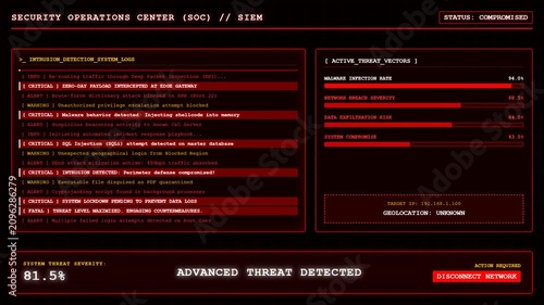 Cyber Security Operations Center Hacking Attack Alert Dashboard Screen.