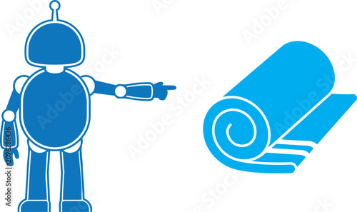 Icon set of a stylized humanoid robot pointing at a rolled document or carpet with technology, humanoid
