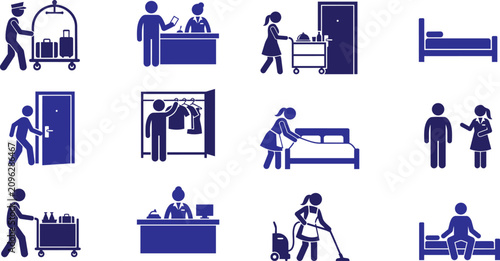 Set of hotel service icons depicting staff activities and room amenities with check in, customer service