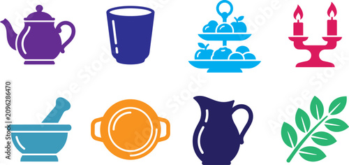 Collection of kitchenware and tableware icons including teapot cup and serving tray with kitchen tools, utensils